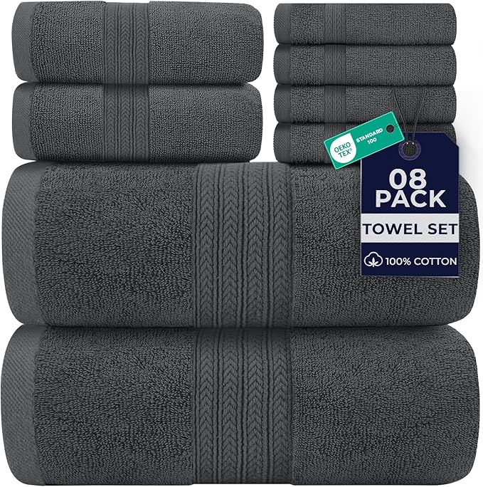 DAN RIVER 8 Piece Luxury Bath Towels for Bathroom, Towel Set, Gray | 2 Bath towels, 2 Hand towels, and 4 Wash Cloths, 600 GSM 100% Ring Spun Cotton, Highly Absorbent, Gym, Hotel, guest, and Spa