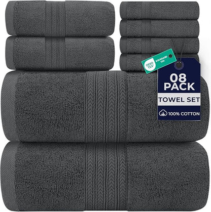 DAN RIVER 8 Piece Luxury Bath Towels for Bathroom, Towel Set, Gray | 2 Bath towels, 2 Hand towels, and 4 Wash Cloths, 600 GSM 100% Ring Spun Cotton, Highly Absorbent, Gym, Hotel, guest, and Spa