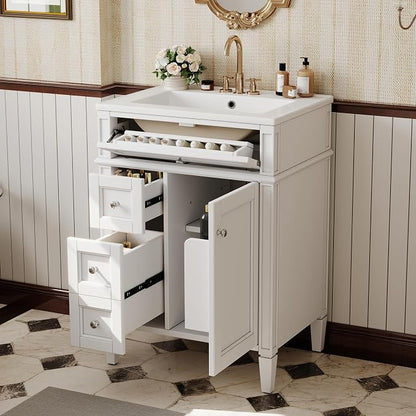 Merax 24 Inch Bathroom Vanity with Ceramic Sink, Solid Wood Frame Modern Bathroom Sink Storage Cabinet with 2 Drawers and a Tip-Out Drawer, Single Sink Bathroom Vanities, White
