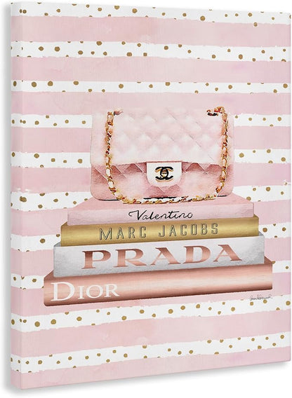 Stupell Industries 'Pink Purse Bookstack over Stripes'| Canvas Art | Stupell Industries | 16 x 20 Inches, Easy to Hang and Sturdy, Made in USA, by Amanda Greenwood