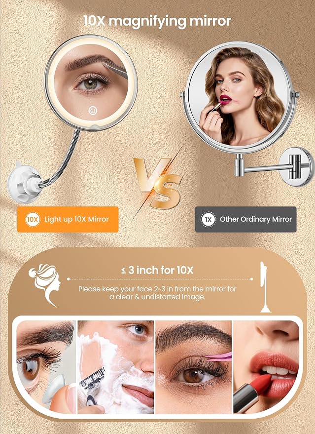 10x Makeup Mirror with Lights, Magnifying Mirror 3 Light Modes Silver | Wall-Mounted Lighted Vanity Makeup Mirror, Cordless Battery Operated LED Mirror with Suction Cups for Shower Bathroom