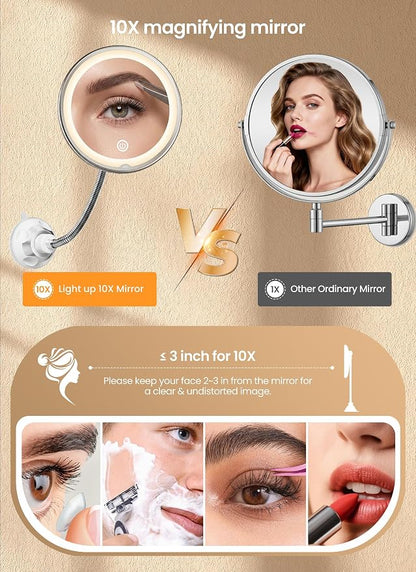 10x Makeup Mirror with Lights, Magnifying Mirror 3 Light Modes Silver | Wall-Mounted Lighted Vanity Makeup Mirror, Cordless Battery Operated LED Mirror with Suction Cups for Shower Bathroom