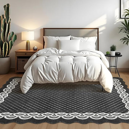 GarveeHome Washable 8x10 Area Rug Scalloped Black Rug, Modern Neutral Living Room Rugs, Large Scalloped Farmhouse Rug Abstract Bordered Carpet for Bedroom Apartment Table Dorm Nursery, Black