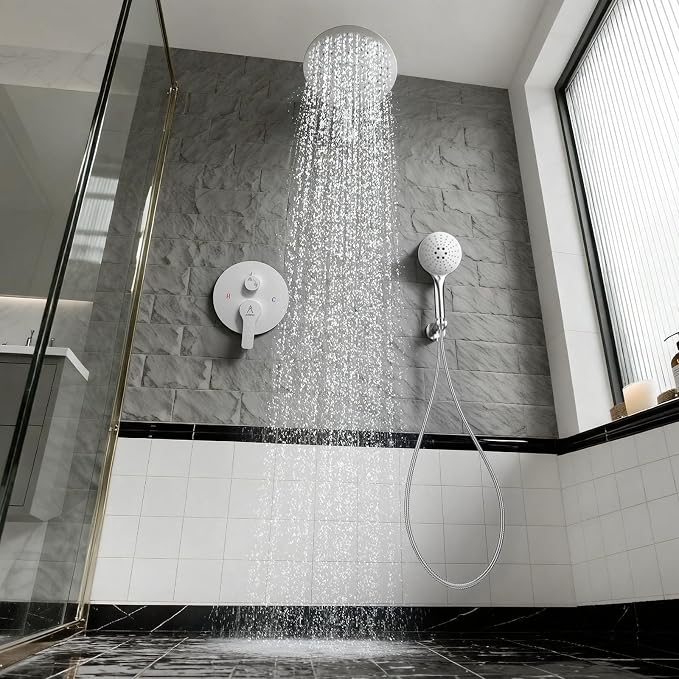 Shower Faucet Set 10IN Brass Rough-In Valve Body Trim Kit Rainfall Included Handle Accessories Complete 2 Functions with Rain Head and Handheld Bathroom Systems (10'', Brushed Nickel)
