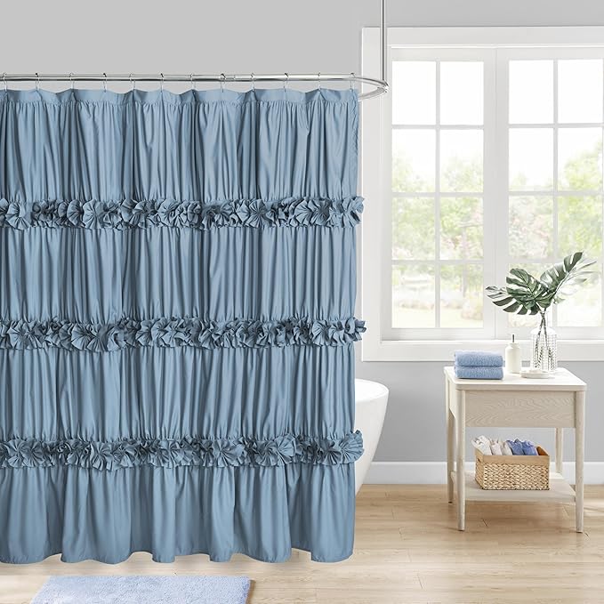 Homechoice Decor Dusty Blue Ruffle Shower Curtain, Vintage Handcrafted Bow Tie Bath Curtain for Master Bathroom, Ruched Microfiber Bathroom Curtain with 12 Buttonholes, 72" W x 72" H (LQ-10)