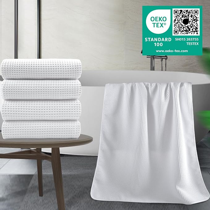 POLYTE 430 GSM Poly Blend Microfiber Quick Dry Waffle Bath Towel, 30x60 in | 4 Pack, Oversize, Lint Free, Body Towel