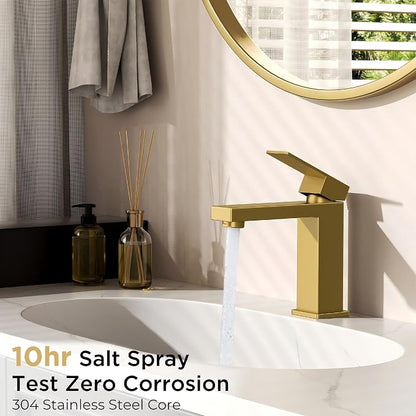 FORIOUS Bathroom Sink Faucet 1 Hole Single Handle 2 Pack Brushed Gold | For 1 or 3 Hole 4 Inch Centerset Sink, with Pop-up Drain, NSF61 Certificate, Single Handle Faucet for Sink Vanity RV Restroom
