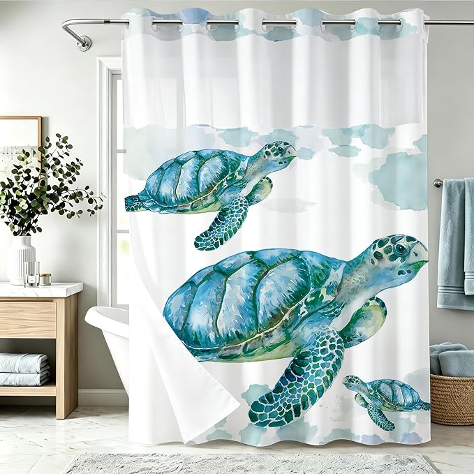 Beach Nautical Sea Turtle Theme No Hook Waffle Weave Shower Curtain with Snap in Liner Nautical Beach Bathroom Blue Ocean Decor Set 72 W x 86 H Inch Teal