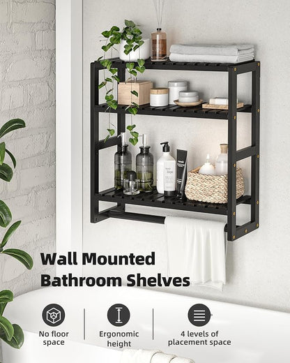 Galood Over The Toilet Storage Bathroom Shelves Wall Mounted 3 Tier Black | Space Saver Corner Shelf Organizer Bamboo Towel Rack Toilet Paper Cabinet with Hanging Rod