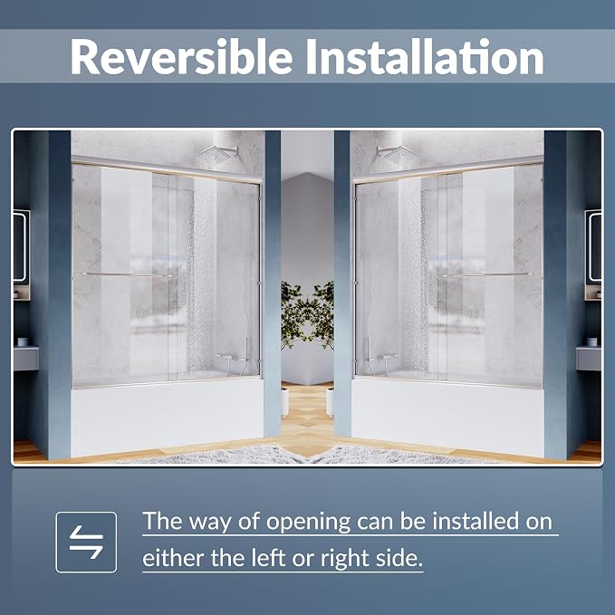 SUNNY SHOWER Bathtub Shower Door 60" W x 62" H Semi-Frameless Double Sliding Design Shower Tub Door 1/4" Clear Glass Panel, Chrome Finish