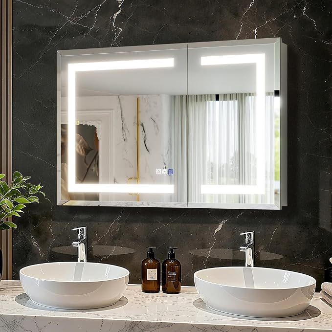 LED Bathroom Medicine Cabinet with Mirror, 24x36 Medicine Cabinet with Lights, Power Failure memor, Dimmable, Defogging, Recessed/Surface, Front&Backlit, Outlets, Dual-Opening