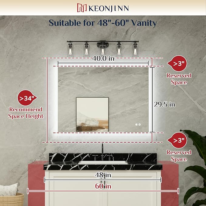 Keonjinn 40 x 30 Inch Backlit Mirror, Bathroom Mirror with Lights Dimmable | 6000K Bright Daylight, Adjustable Brightness, Anti-Fog, Safety Tempered Mirror, Waterproof, Mounted Vertically/Horizontally