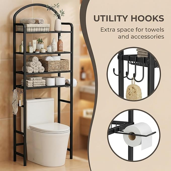 4-Tier Over The Toilet Storage, Bathroom Organizer, Space-Saving, Above Toilet Storage Rack with 4 Hooks and Paper Holder, Metal Shelf, Black