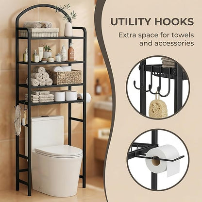 4-Tier Over The Toilet Storage, Bathroom Organizer, Space-Saving, Above Toilet Storage Rack with 4 Hooks and Paper Holder, Metal Shelf, Black