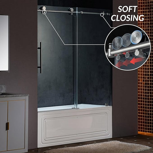 Woodbridge Frameless Single Sliding Shower Doors in Polished Chrome Finish, 57.5-60" Width x 62" Height with 3/8"(10mm) Clear Tempered Glass, Soft Close System and Explosion-Proof Film, BSDC6062-C