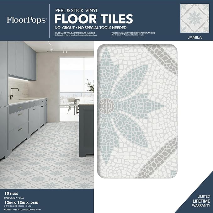 FloorPops Jamila Grey Peel and Stick Floor Tiles, FP6300