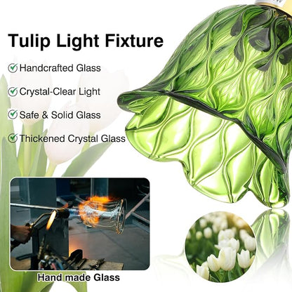 Vintage Bathroom Light Fixtures,3-Light Hardwired Vanity Lights Over Mirror, Brass Wall Lights with Green Tulip Glass Shade for Bathroom Stairway Bedroom Living Room(Bulbs Not Included,E26 Socket)