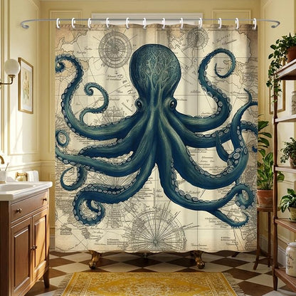 Vintage Nautical Octopus Steampunk Shower Curtain Set 72x72 Inches | Vintage Octopus World Map Steampunk Print, Coastal Retro Home Guest Housewarming Nautical Lover Bath Decor, With Fabric Hooks