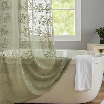 Sage Green Shower Curtain for Bathroom, 72x72, Lace with Attached Valance, | Green lace shower curtain, Sheer Floral Design, Scalloped Trim, Lets in Soft Light for Boho and Cottagecore Bathrooms