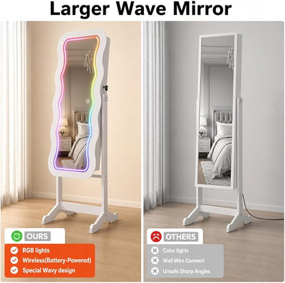 Fiqevs RGB Mirror Jewelry Cabinet, Remote Control LED Mirror with Storage | Standing Jewelry Organizer with Full Length LED Lighting Wavy Mirror, Lockable, Spacious Storage, Jewelry Armoire White