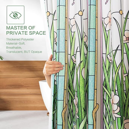Flower Butterfly Shower Curtain, Glaze Glass Chinese Screen Window Shower Curtain Green Floral Shower Curtain Sets Waterproof Polyester Fabric Machine Washable Home Farmhouse Decor Bath Curtains