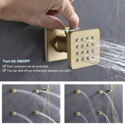 ENGA Shower System with Body Jets, 2 In 1 Functions Ceiling Mount 14x20inch LED Shower Head with 4 Body Jets, Rainfall Waterfall Shower Faucet Set, Brushed Gold