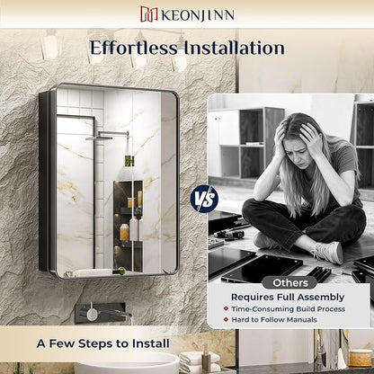 Keonjinn 20 x 32 Inch Black Mirrored Medicine Cabinet, Recessed Medicine Cabinets for Bathroom, Black Stainless Steel Framed, Stepless Adjustable Shelves, in Wall or Surface Mount, Sturdy & Heavy