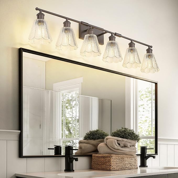 HWH Farmhouse Vanity Light Fixture, Rustic Bathroom Light Fixtures for Bedroom, 6-Light Wall Sconces Lights with Clear Floral Glass, Oil-Rubbed Bronze Finish, 5HJX110B-6W ORB