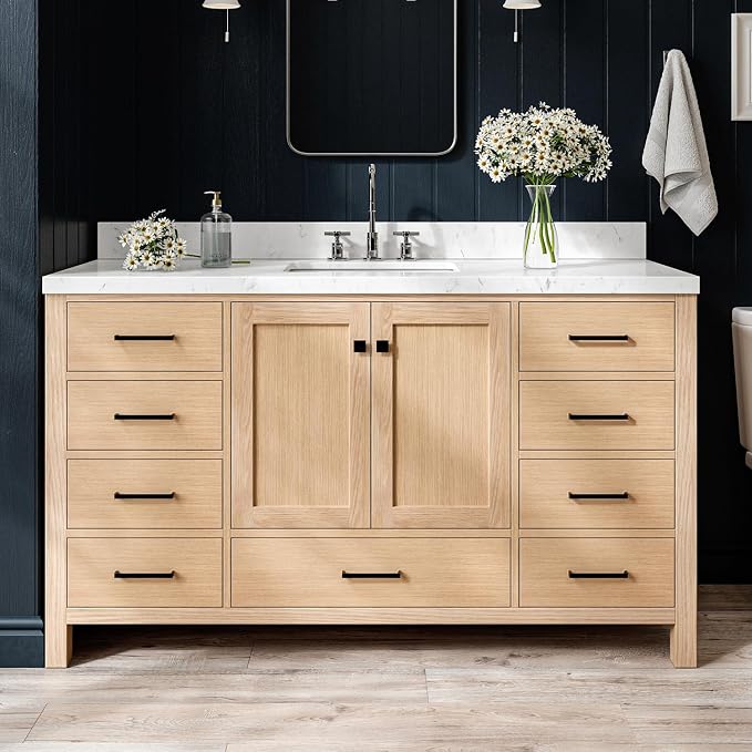 ARIEL Cambridge 60-inch Bathroom Vanity with Sink,Solid Wood, 1.5-inch Carrara White Quartz Countertop, Single Rectangular Porcelain Sink, 2 Soft Closing Doors, 9 Dovetail Drawers, White Oak