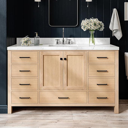 ARIEL Cambridge 60-inch Bathroom Vanity with Sink,Solid Wood, 1.5-inch Carrara White Quartz Countertop, Single Rectangular Porcelain Sink, 2 Soft Closing Doors, 9 Dovetail Drawers, White Oak