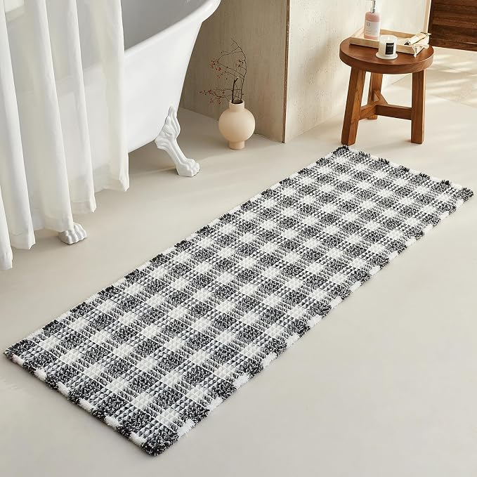 TYUU Waffle Runner Rug Bathroom, Long Boho Bath Mat, 72x24 Black & White | Super Absorbent Quick Dry Bath Rug, Non-Slip Backing, Soft Waffle Washable Farmhouse Bathroom Mats, Tub, Shower & Home Decor