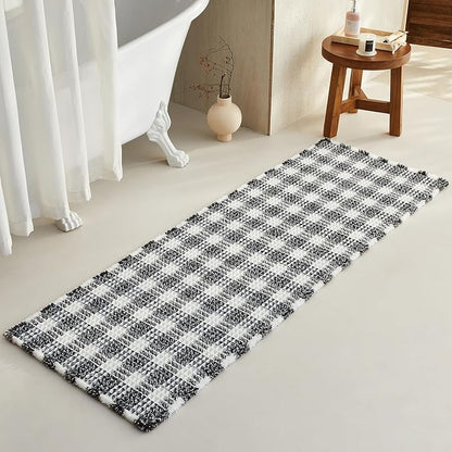 TYUU Waffle Runner Rug Bathroom, Long Boho Bath Mat, 72x24 Black & White | Super Absorbent Quick Dry Bath Rug, Non-Slip Backing, Soft Waffle Washable Farmhouse Bathroom Mats, Tub, Shower & Home Decor