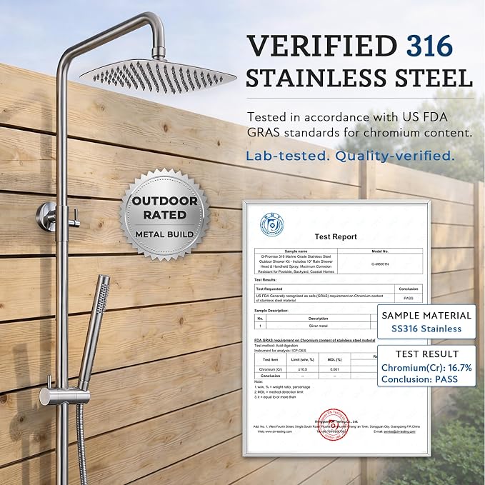 G‑Promise 316 Marine Grade Stainless Steel 10 Inches Outdoor Shower Kit | SUS 316 Stainless Steel, Built to Last, Easy Install, Height Adjustable, Wall Mounted, for Poolside, Backyard, Coastal Homes