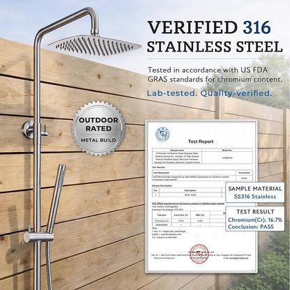G‑Promise 316 Marine Grade Stainless Steel 10 Inches Outdoor Shower Kit | SUS 316 Stainless Steel, Built to Last, Easy Install, Height Adjustable, Wall Mounted, for Poolside, Backyard, Coastal Homes