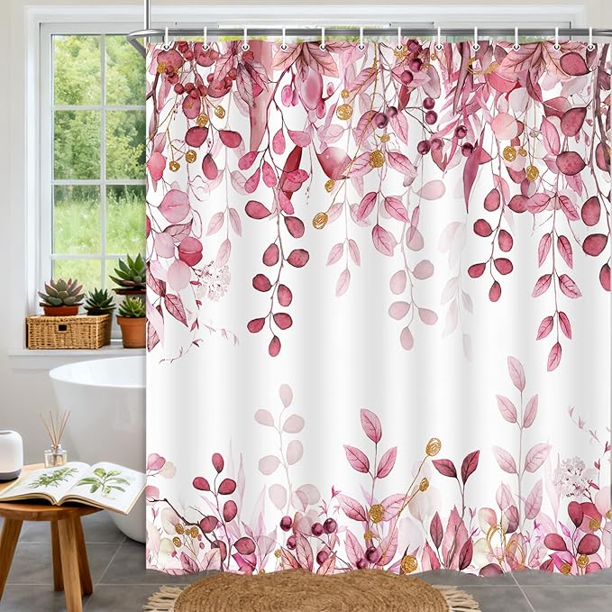 Pink Eucalyptus Shower Curtain, Watercolor Plants Foliage Floral Bathroom Curtains, Cottagecore Botanical Leaves Waterproof Fabric Cloth Shower Curtain Set with Hooks 72X72 Inch