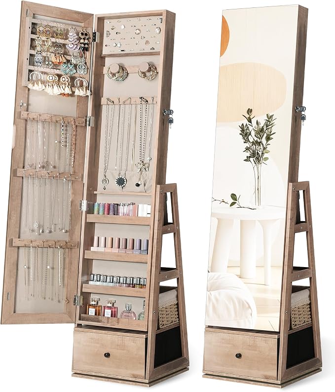 Nicetree 360° Swivel Jewelry Cabinet, Full Length Mirror, Lockable, Oak | Rotatable Jewelry Armoire Organizer, Standing Mirror with Storage, 3 Rear Shelves + Bottom Drawer, Gift Idea, Easy Assembly