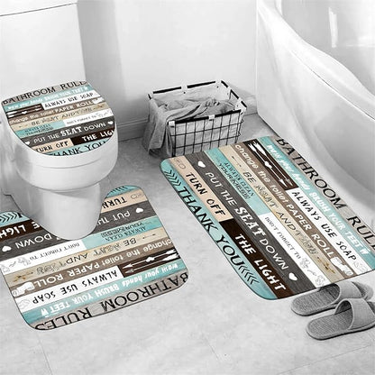AZHM Inspirational Quotes Shower Curtain Set for Bathroom 4 Pcs Brown Teal Patchwork Design Bathroom Accessory Decor Sets with Shower Curtain and Rugs