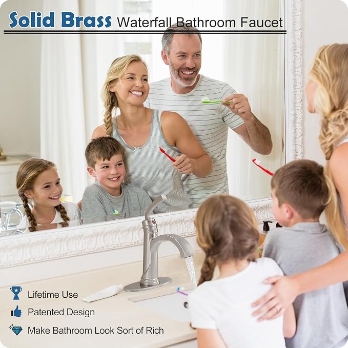 Brass Waterfall Bathroom Faucets Brushed Nickel Single Handle Bathroom Faucet 3 Hole or 1 Hole, 4 Inch Bathroom Sink Faucet, Bathroom Vanity Faucet with Drain Deck Plate No Peeling Paint