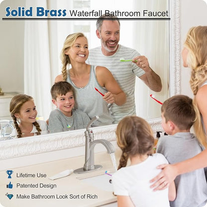 Brass Waterfall Bathroom Faucets Brushed Nickel Single Handle Bathroom Faucet 3 Hole or 1 Hole, 4 Inch Bathroom Sink Faucet, Bathroom Vanity Faucet with Drain Deck Plate No Peeling Paint