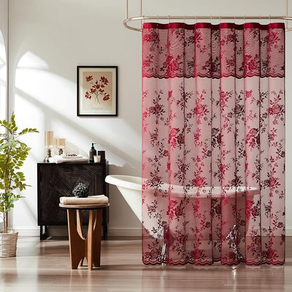 Burgundy Lace Shower Curtain for Bathroom Vintage Maroon Floral Shower Curtain with Attached Valance, Decorative Romantic Victorian Lace Bath Curtains Luxury Wine Bathroom Decor, 72 x 72 Inch, 1 Panel