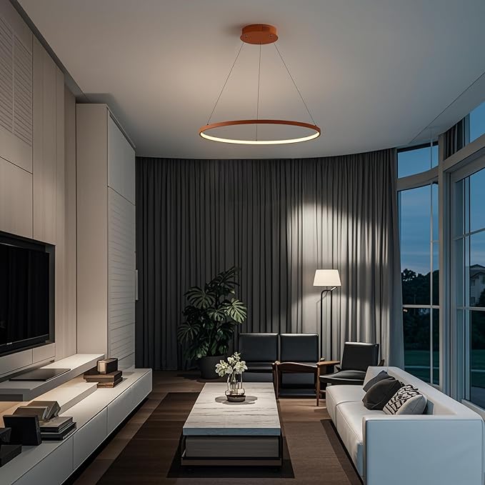JONATHAN Y 23.75" Orange Modern Integrated LED Pendant Light, Dimmable Round Hoop Chandelier for Kitchen Island, Dining Room, Adjustable Height Metal Hanging Light (JYL7203G)