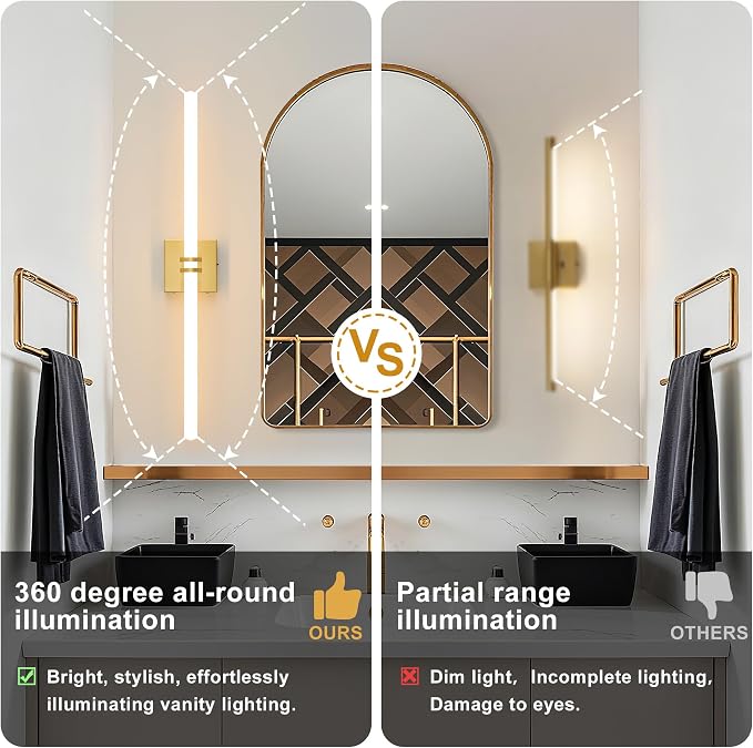 Gold Bathroom Light Fixture LED Vanity Light 30" 5CCT Wall Sconce | LED Dimmable Wall Light Modern 360° Lighting, 28W Hardwired Vanity Light for Bathroom Mirror, Flicker-Free Easy Install