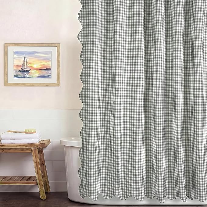 HunnmingRe Scalloped Gingham Shower Curtain Sage Green | 72'' x 72'' Vintage Farmhouse Curtain, Cotton Cottage Core Rural Checkered Plaid Decor, Fall Shower Curtain for Bathroom