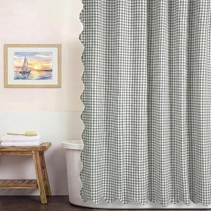 HunnmingRe Scalloped Gingham Shower Curtain Sage Green | 72'' x 72'' Vintage Farmhouse Curtain, Cotton Cottage Core Rural Checkered Plaid Decor, Fall Shower Curtain for Bathroom