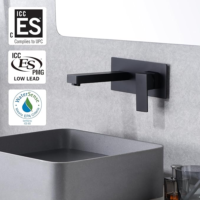 SUMERAIN Matte Black Wall Mount Bathroom Sink Faucet Lavatory Vessel Faucet, Brass Rough-in Valve Included