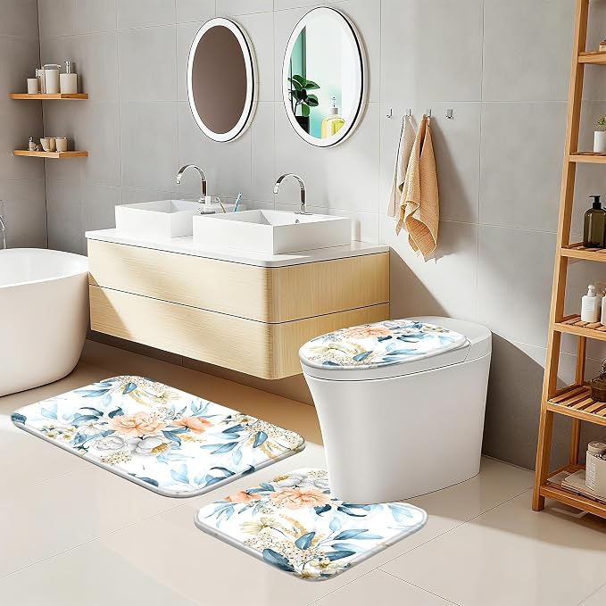 16 PCS Floral Shower Curtain Set with Rugs,72x72 Inch | Flower Bath Curtains, High Absorbent Non-Slip Mats, Thick 120GSM Fabric Curtain with 12 Brushed Metal Hooks,