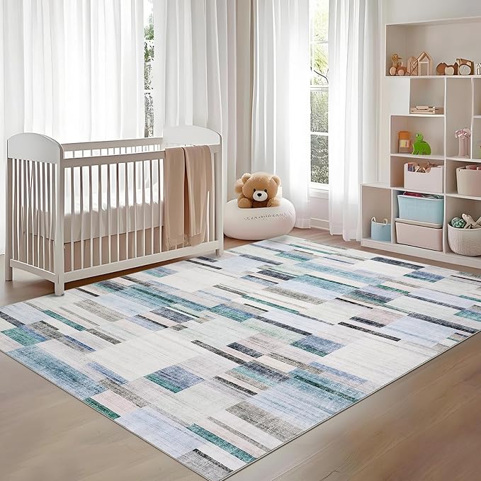 Modern Area Rugs 5x7 Rug for Living Room Washable Geometric Throw Rugs with Non-Slip Backing, Non-Shedding Contemporary Accent Carpet, Low Pile Floor Cover for Bedroom, Office, Blue