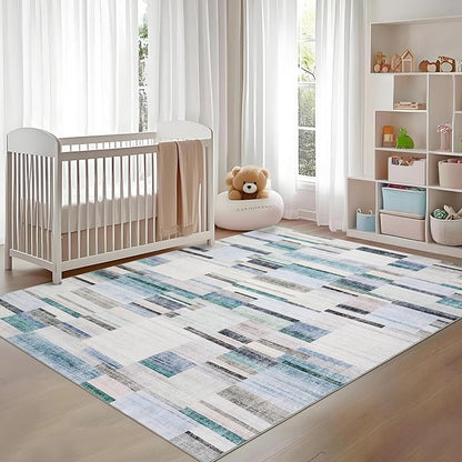 Washable Rugs 9x12 Area Rug for Bedroom Geometric Modern Rug Non Slip Throw Rugs Large Living Room Rug Low Pile Soft Stain Resistant Carpet for Nursery Dining Room 9'x12' Blue