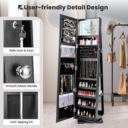 CHARMAID 360° Swivel Jewelry Armoire with Full Length Mirror, Standing Lockable Jewelry Cabinet Organizer, Large Storage Capacity, Inside Makeup Mirror, Back Storage Shelves (Black)