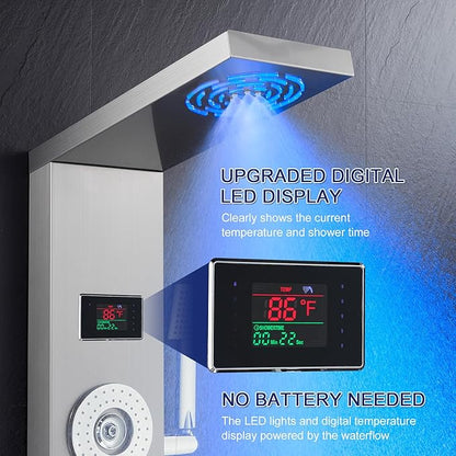 ROVATE LED Shower Panel Tower System with Rainfall and Mist Shower Head, 6-in-1 Shower Panels with Jets and Handheld and Digital Temperature Display, Shower Tower High Pressure with Tub Spout